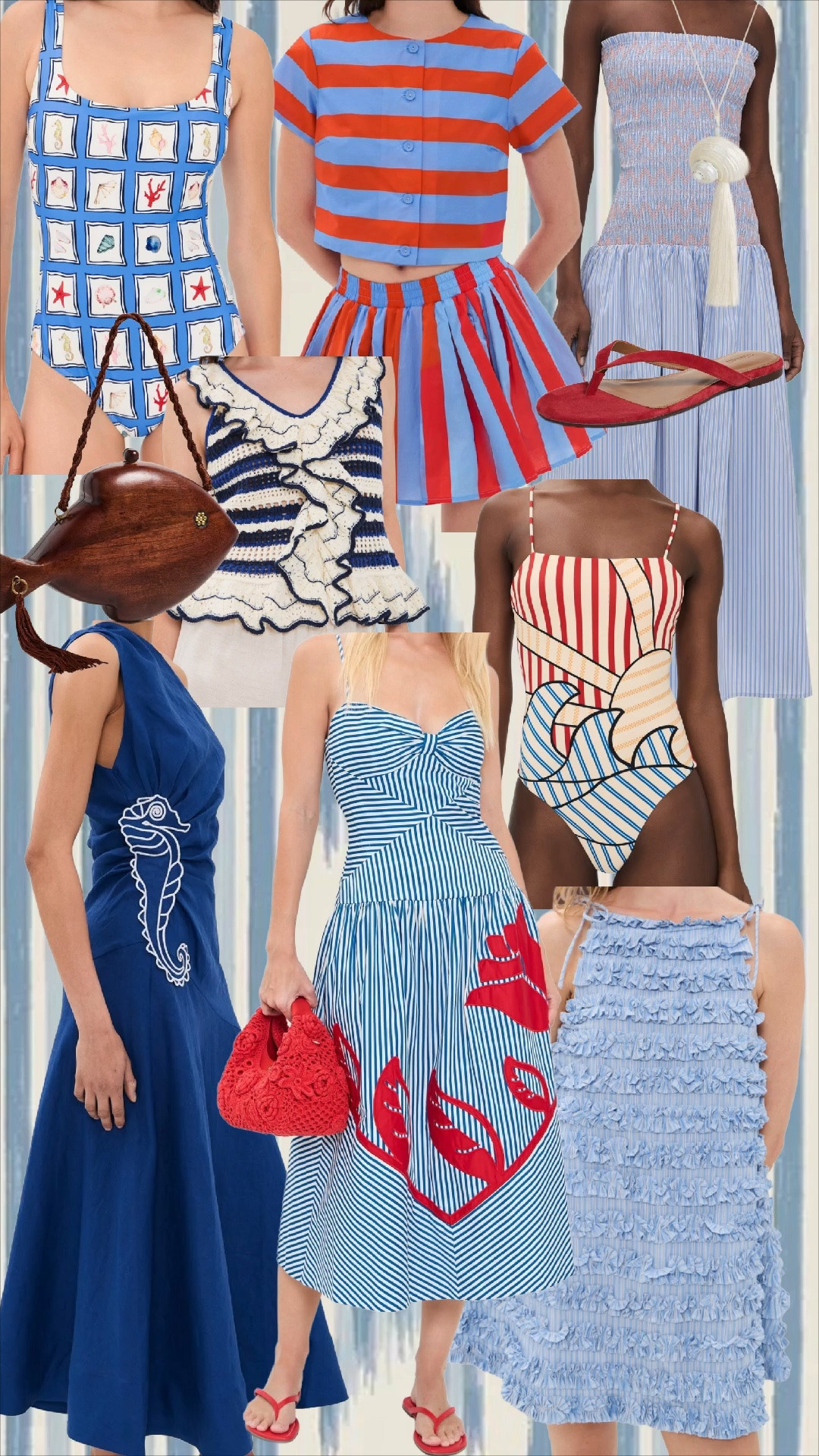 Memorial Day Weekend & 4th of July ready! 

Coastal chic with a playful twist ⚓️🐚
All the seaside-inspired finds I’m loving lately… from whimsical shell prints and smocked stripes to lobster motifs and the sweetest nautical details. These pieces feel like a dreamy European beach holiday wrapped into one collection. Perfect for summer vacations, resort dinners, poolside afternoons, and all the coastal grandmother-meets-grandmillennial moments 🤍💙❤️

Which piece are you adding to cart first? 🌊

Product List:

* Blue shell tile print one-piece swimsuit
* Red + blue striped skirt set
* Smocked blue striped maxi dress
* Red suede thong sandals
* Wooden fish novelty handbag
* Navy + cream ruffle knit tank
* Abstract nautical print one-piece swimsuit
* Blue seahorse applique maxi dress
* Blue striped lobster midi dress
* Red crochet handbag
* Light blue ruffle textured dress

Hashtags:
#LTKStyle #LTKTravel #LTKSwim #CoastalStyle #GrandmillennialStyle #SummerStyle #ResortWear #BeachVacationStyle #NauticalStyle #EuropeanSummer #CoastalGrandmother #ClassicStyle #ColorfulFashion #SummerOutfits #VacationStyle #SeasideStyle #ResortFashion #FeminineStyle #BlueAndWhite #TheBrokeBrooke