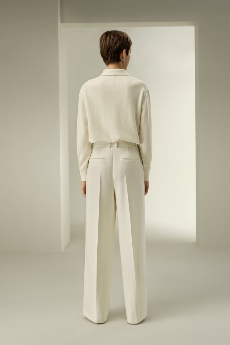 LILYSILK Women's Silk-Wool Tweed Trousers, High-Waisted Wide Leg, Natural White, UK 10 | LILYSILK