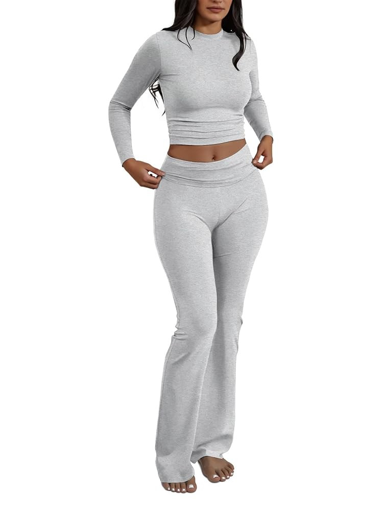 Two Piece Lounge Sets for Women Fold Over Flare Leggings Long Sleeve Crop Tops Matching Set Casua... | Amazon (US)