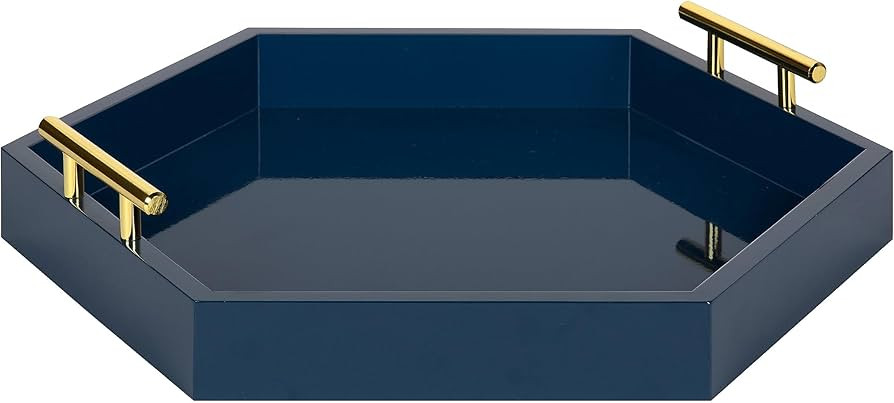Kate and Laurel Lipton Hexagon Decorative Tray with Polished Metal Handles, Navy Blue and Gold | Amazon (US)