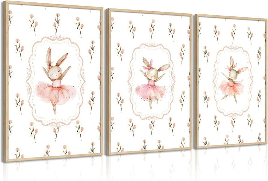 3Pcs Pink Ballet Bunny Nursery Wall Art Cute Rabbit Painting Picture Wall Decor Pink Dress Flower... | Amazon (US)