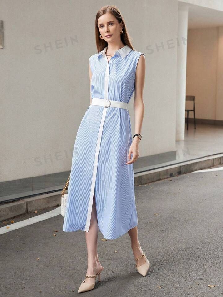 SHEIN BIZwear Ladies" Solid Color Random Striped Sleeveless Dress | SHEIN