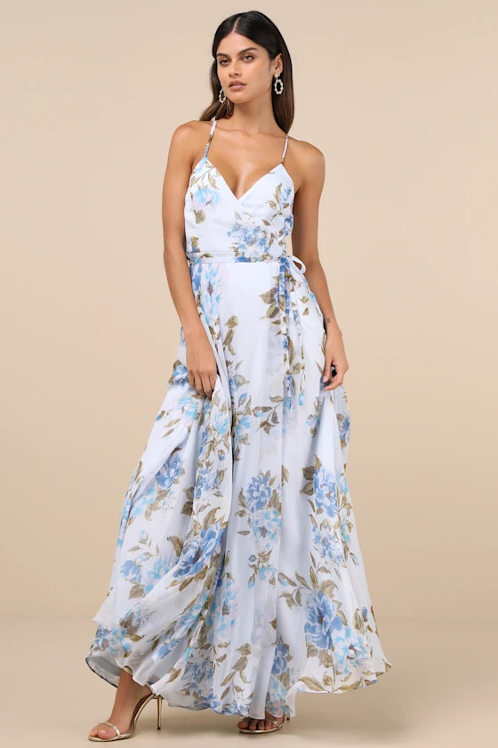 Oh-So Romantic Pale Blue Floral Print Sleeveless Wrap Maxi Dress | Lulus