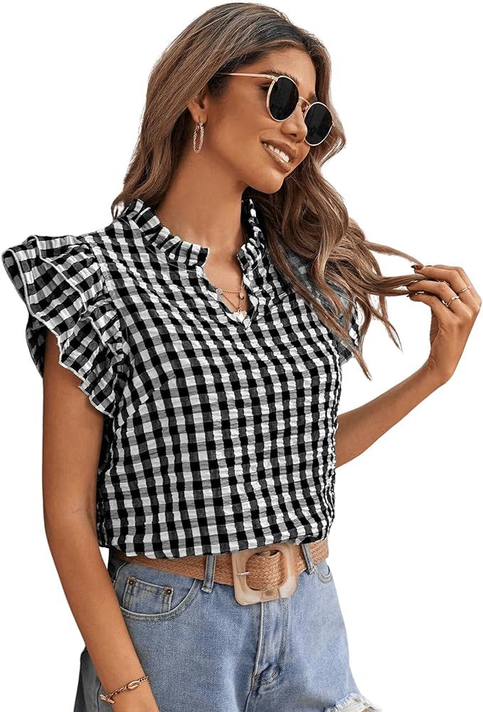 SweatyRocks Women's Summer Plaid Print V Neck Shirt Tiered Ruffle Cap Sleeve Pullover Blouse Top | Amazon (US)