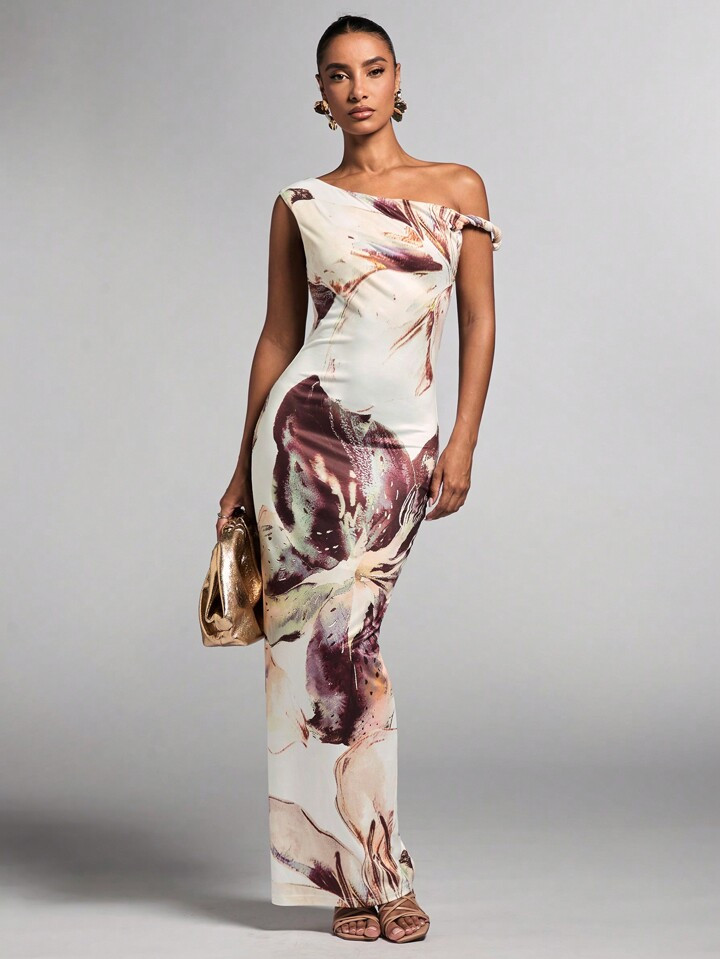 SHEIN BAE Floral Print Vacation Style Elegant Bodycon Asymmetric Open Shoulder Dress For Ladies, Summer,Summer Dresses For Women,Tea Party Dress | SHEIN