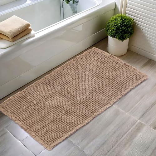 Hughapy Waffle Bath Mat, Upgraded Waffle Design Super Absorbent and Slip-Resistant Bath Mat with Fringe and Back Rubber Non-Slip Carpet, Ultra Soft Machine-Washable Bathroom Mat (Brown, 18" x 30") | Amazon (US)