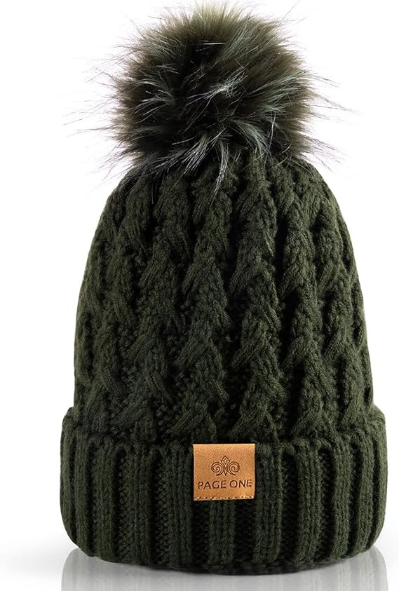 PAGE ONE Womens Winter Ribbed Beanie Crossed Cap Chunky Cable Knit Pompom Soft Warm Hat | Amazon (US)