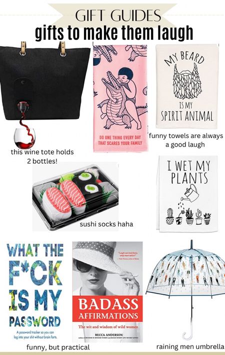 These are some of my favorite funny gag gifts that will make your friends and family laugh, and some of them are very practical. The sushi socks are fun, tea towels are always good and funny, and I love the wine tote #ltkholiday 

#LTKunder100 #LTKGiftGuide #LTKSeasonal
