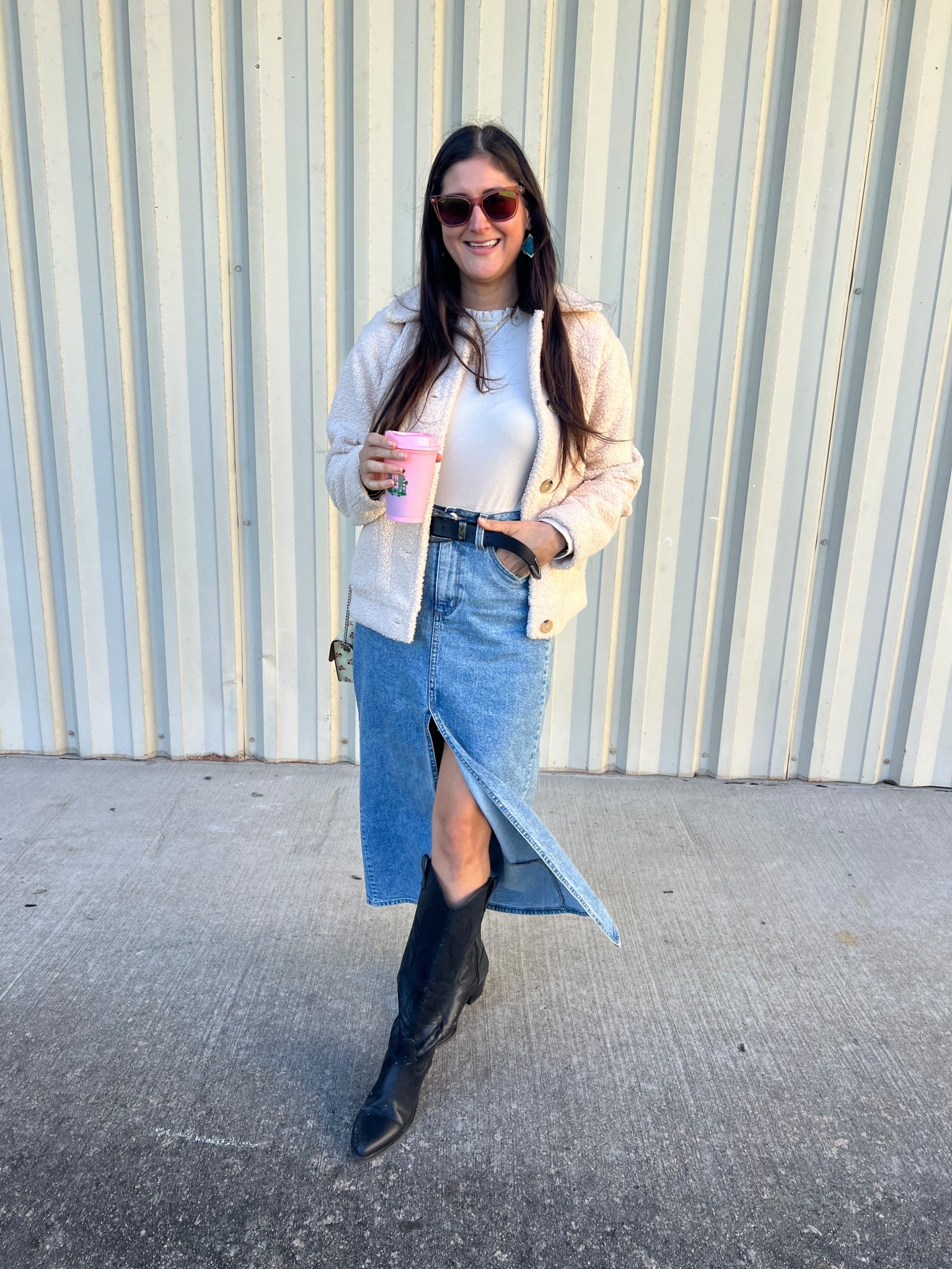 Comfortable rodeo outfit: paired a denim skirt, bodysuit and teddy coat with my cowboy boots. 

#LTKootd #LTKSeasonal
