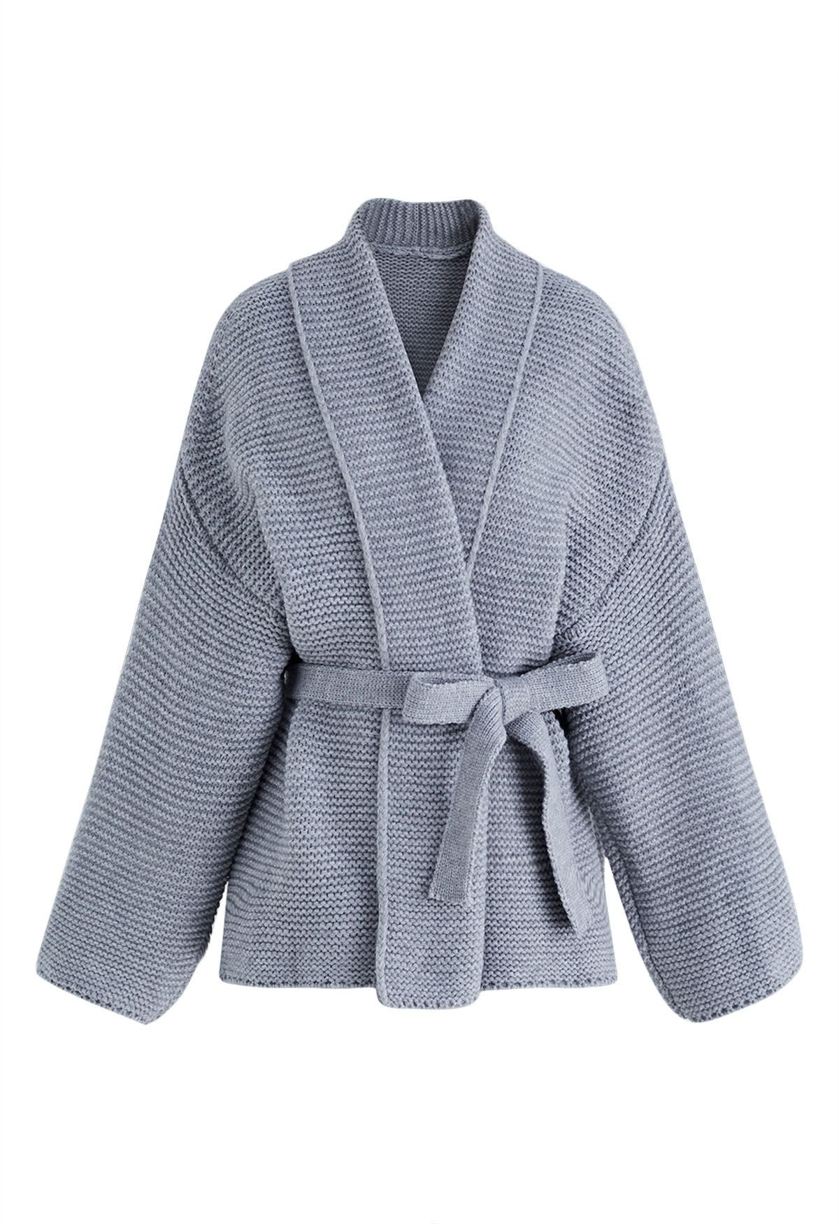 Collared Self-Tie Wrap Waffle Knit Cardigan in Grey | Chicwish