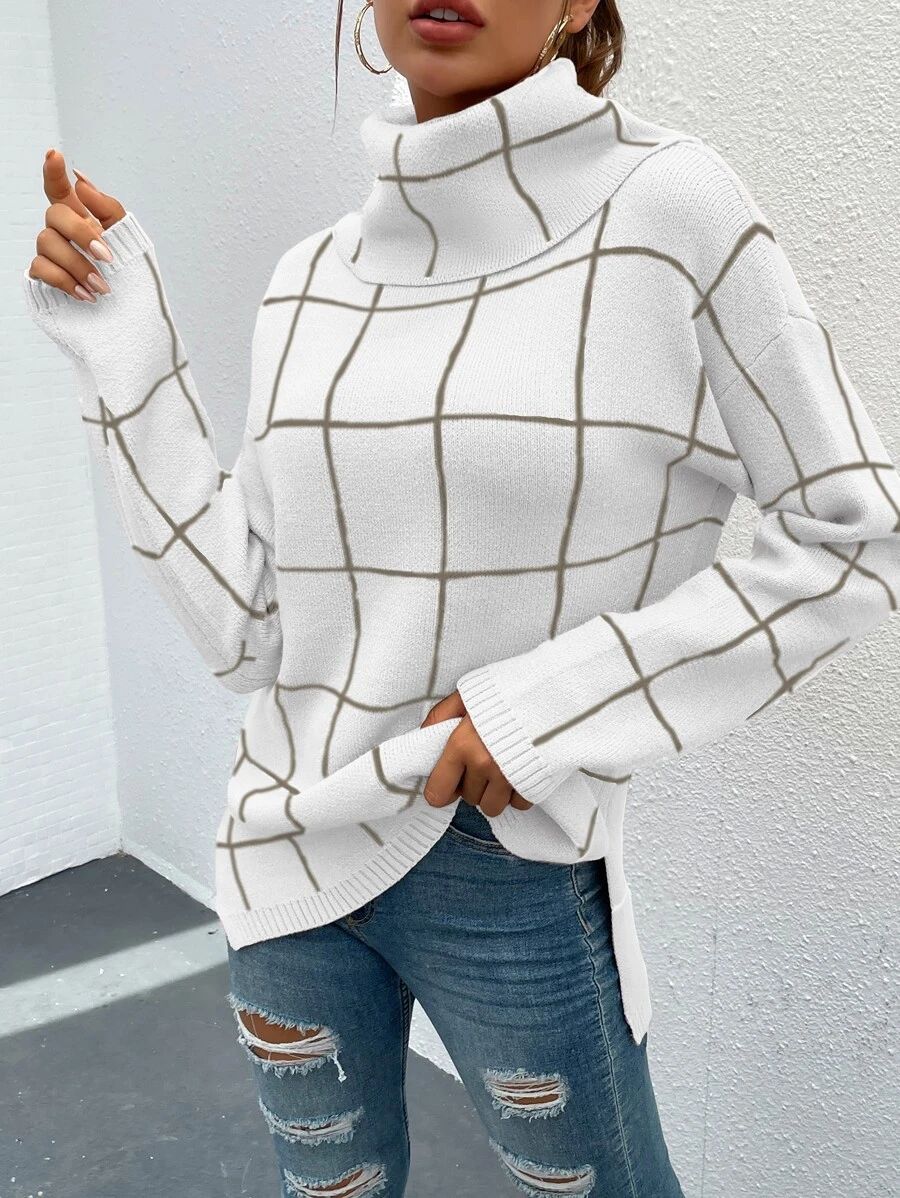 Grid Pattern Turtleneck Drop Shoulder Sweater
   
      SKU: sw2110192993999133
          (500+ R... | SHEIN