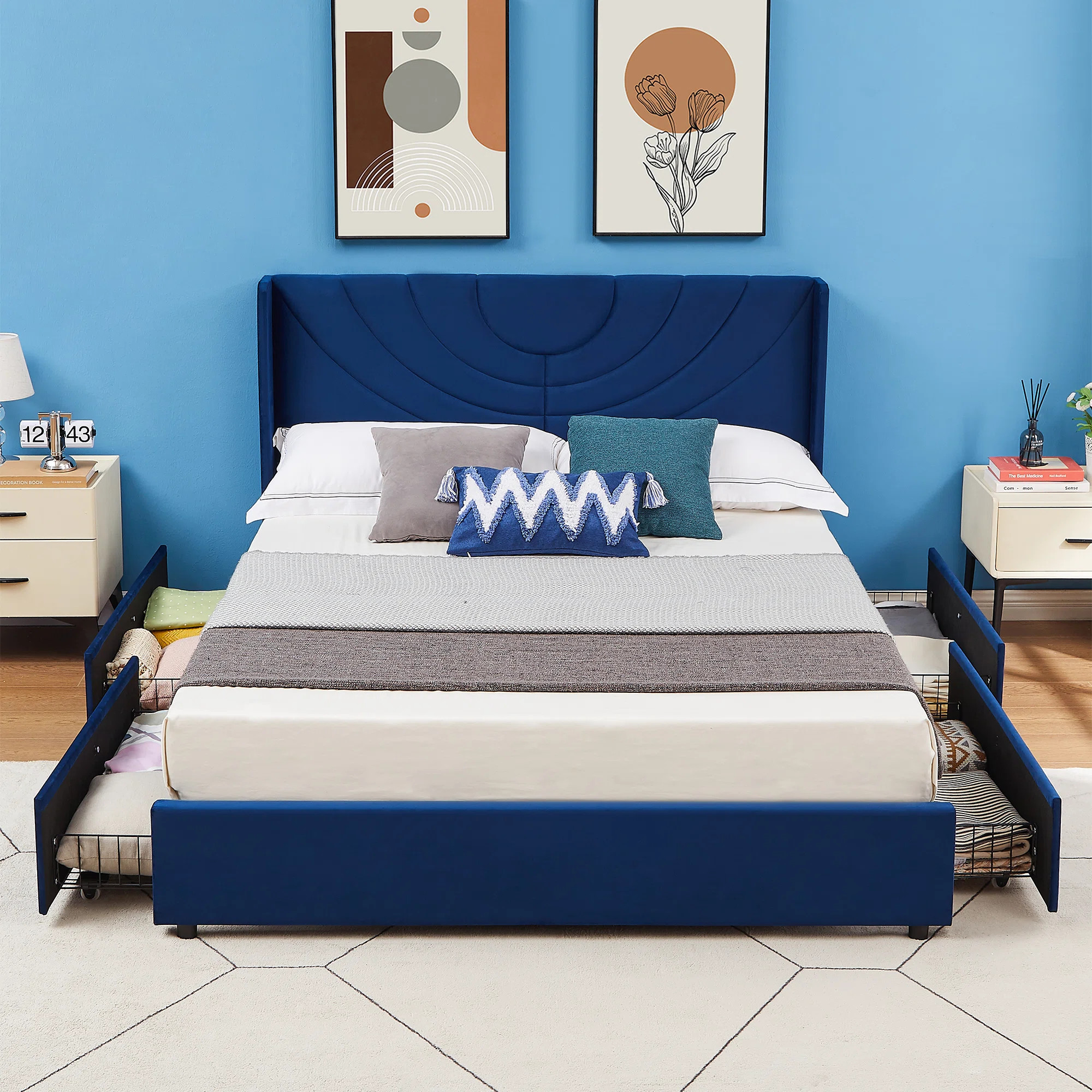 Wade Logan Auxter Upholstered Platform Bed Frame With Wingback Headboard And 4 Drawers Under Bed ... | Wayfair North America