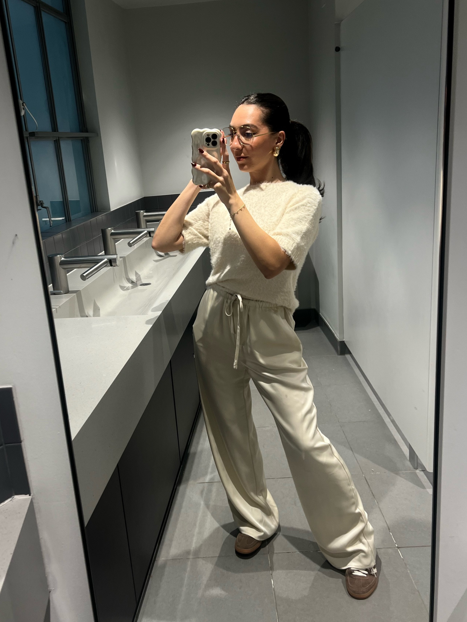 Office outfit, satin trousers, adidas spezial, fluffy jumper, short sleeved jumper, neutral outfit, pretty lavish

#LTKworkwear #LTKuk #LTKautumn