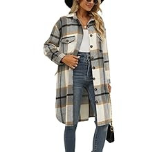 SeekMe Women's Long Plaid Shirt Jacket Shacket Lapel Button Down Woolen Blend Casual Tartan Over Shi | Amazon (US)