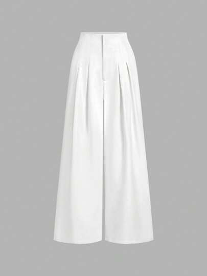 SHEIN MOD Women's High Waist Pleated Cinched Waist Wide Leg Pants,White,Summer,Elegant,Office,Bus... | SHEIN