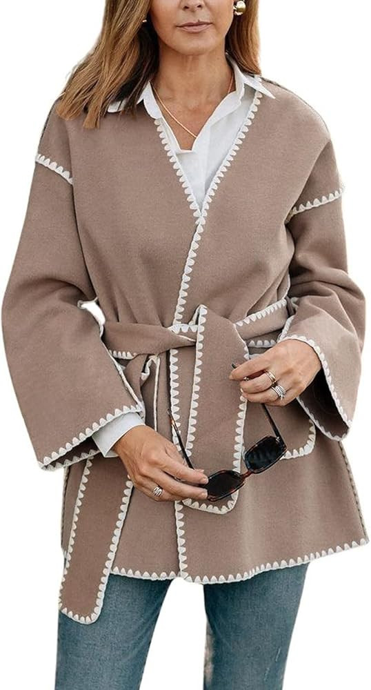 chouyatou Women's Fall Belted Embroidered Wool Jacket Business Casual Oversized Winter Wool Coat | Amazon (US)