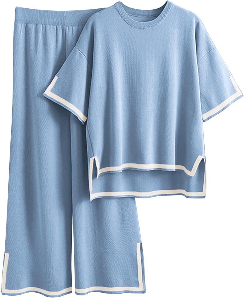 Tanming Sweater Sets Women 2 Piece Lounge Sets Short Sleeve Knit Pullover Tops Wide Leg Pants | Amazon (US)