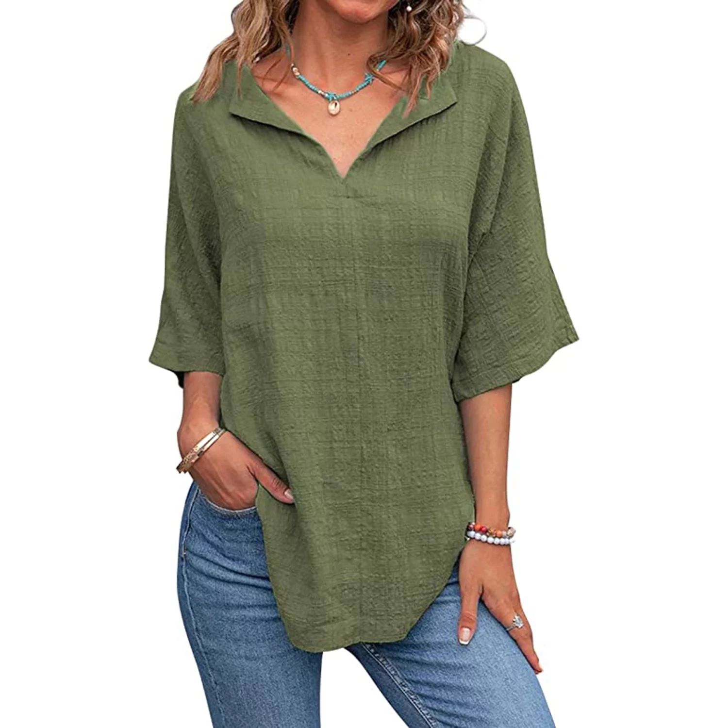 Mafulus Womens V Neck Linen Shirts Short Sleeve Natural Cotton Blouse Summer Loose Fit Casual Tun... | Walmart (US)