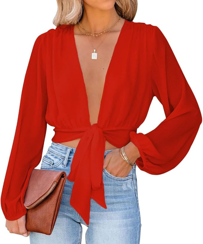 LYANER Women's Deep V Neck Tie Front Knot Long Sleeve Sexy Wrap Crop Top Blouse | Amazon (US)