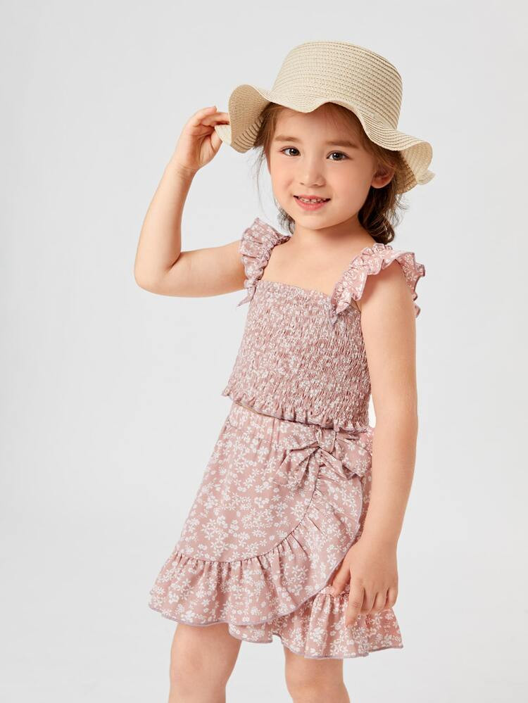 Toddler Girls Ditsy Floral Print Shirred Frill Trim Cami Top & Wrap Hem Skirt | SHEIN