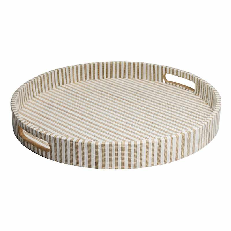Round Striped Woven Tray with Inlay Handle, 18" | At Home