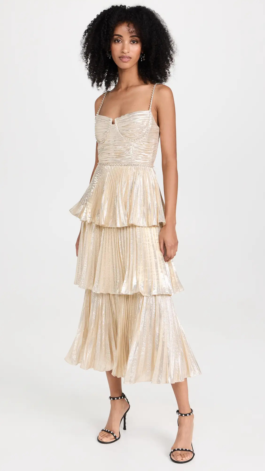 Self Portrait Gold Metallic Tiered Midi Dress | Shopbop | Shopbop