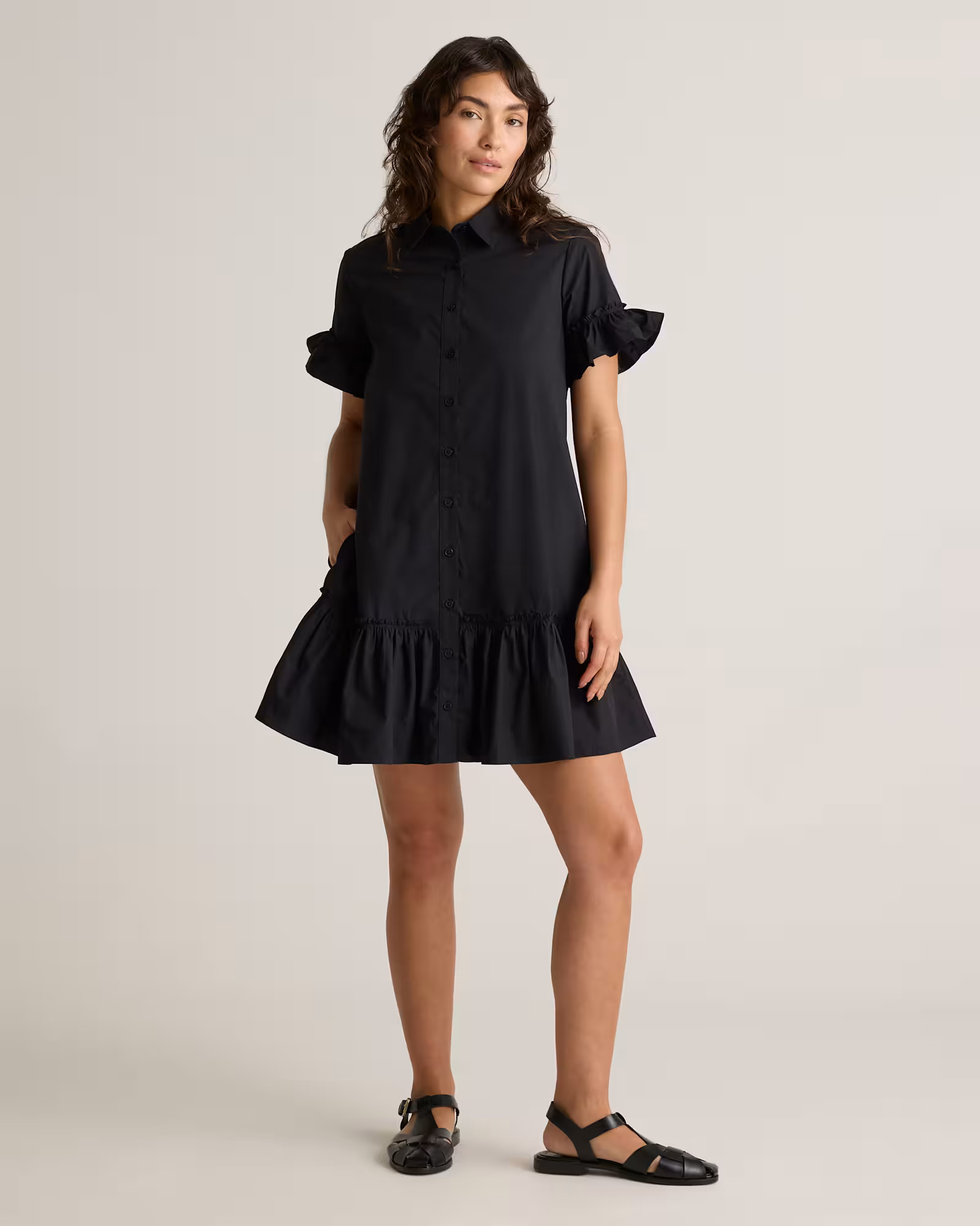 Black Women's 100% Organic Cotton Poplin Short Sleeve Ruffle Shirt Dress | Quince
