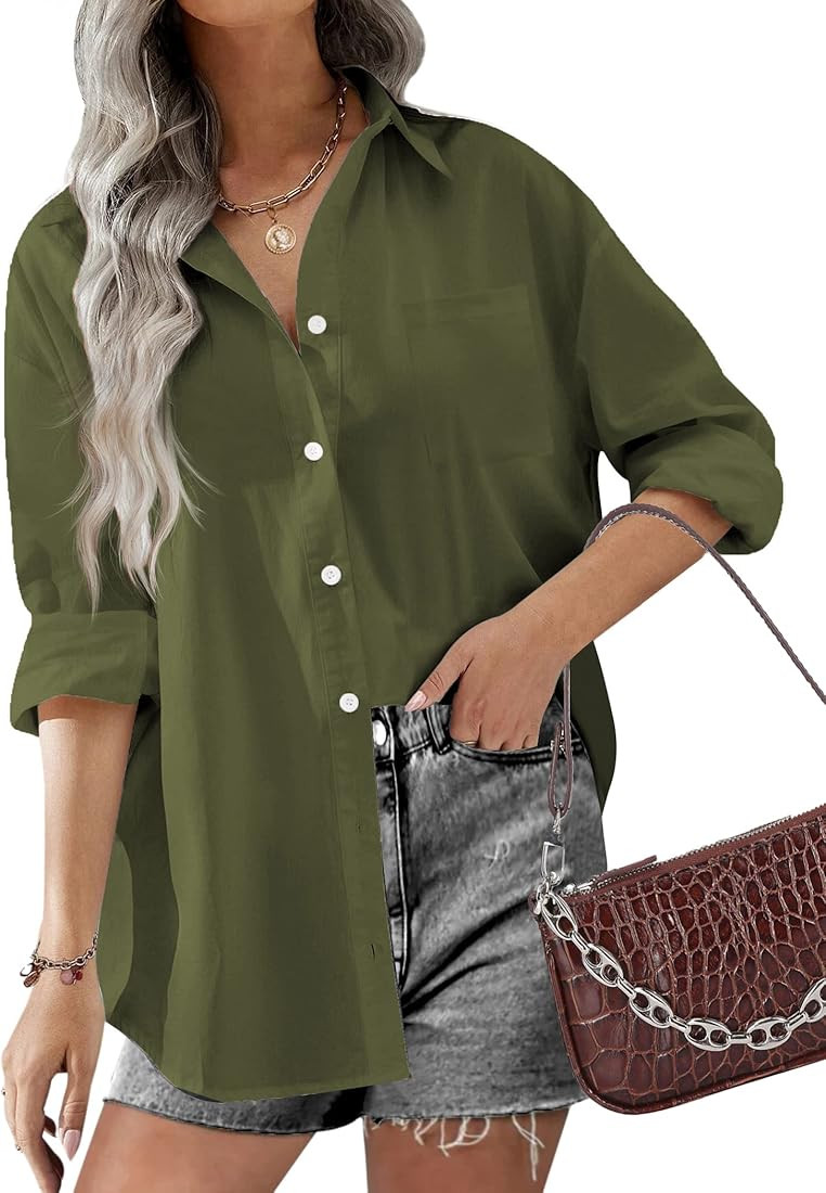 Hotouch Women Button Down Shirts Office Drop Shoulder Oversized Blouse Long Sleeve Boyfriend Dres... | Amazon (US)