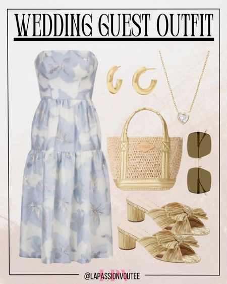 Embrace effortless elegance with a strapless midi dress, accessorized with tube hoop earrings and a delicate necklace. Complete the look with chic sunglasses, a mini raffia bag, and comfortable knot slide sandals. This stylish ensemble is perfect for a memorable wedding celebration!

#LTKWedding #LTKSeasonal #LTKStyleTip
