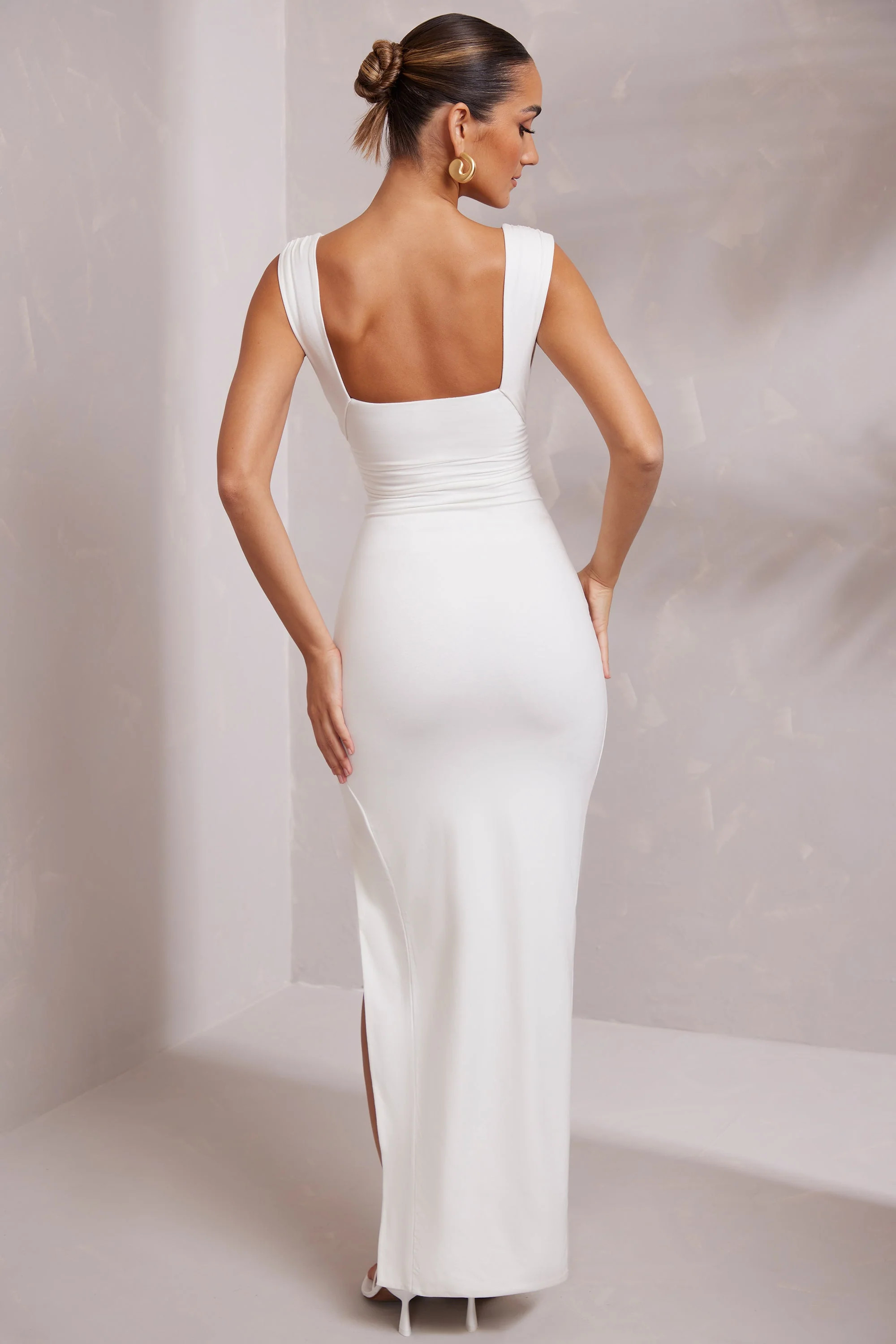 High Split Plunge Neck Maxi Dress in White | Oh Polly