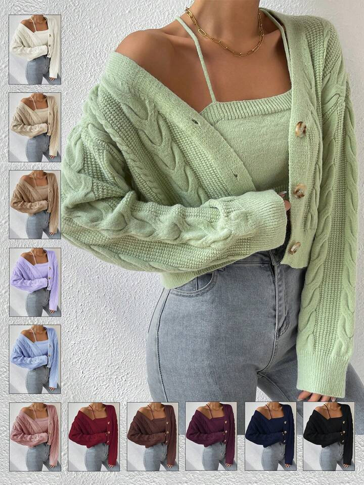 Drop Shoulder Cable Knit Cardigan & Crop Knit Top | SHEIN