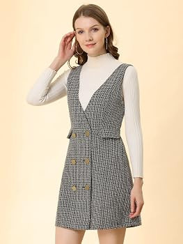 Allegra K Women's Elegant Vintage Button Front V Neck Plaid Tweed Overalls Pinafore Dress | Amazon (US)