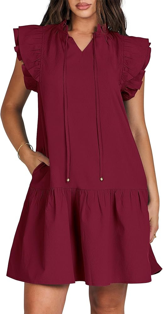 ANRABESS Womens Summer V-Neck Drawstring Ruffle Cap Short Sleeve Casual Shift Mini Dress with Poc... | Amazon (US)