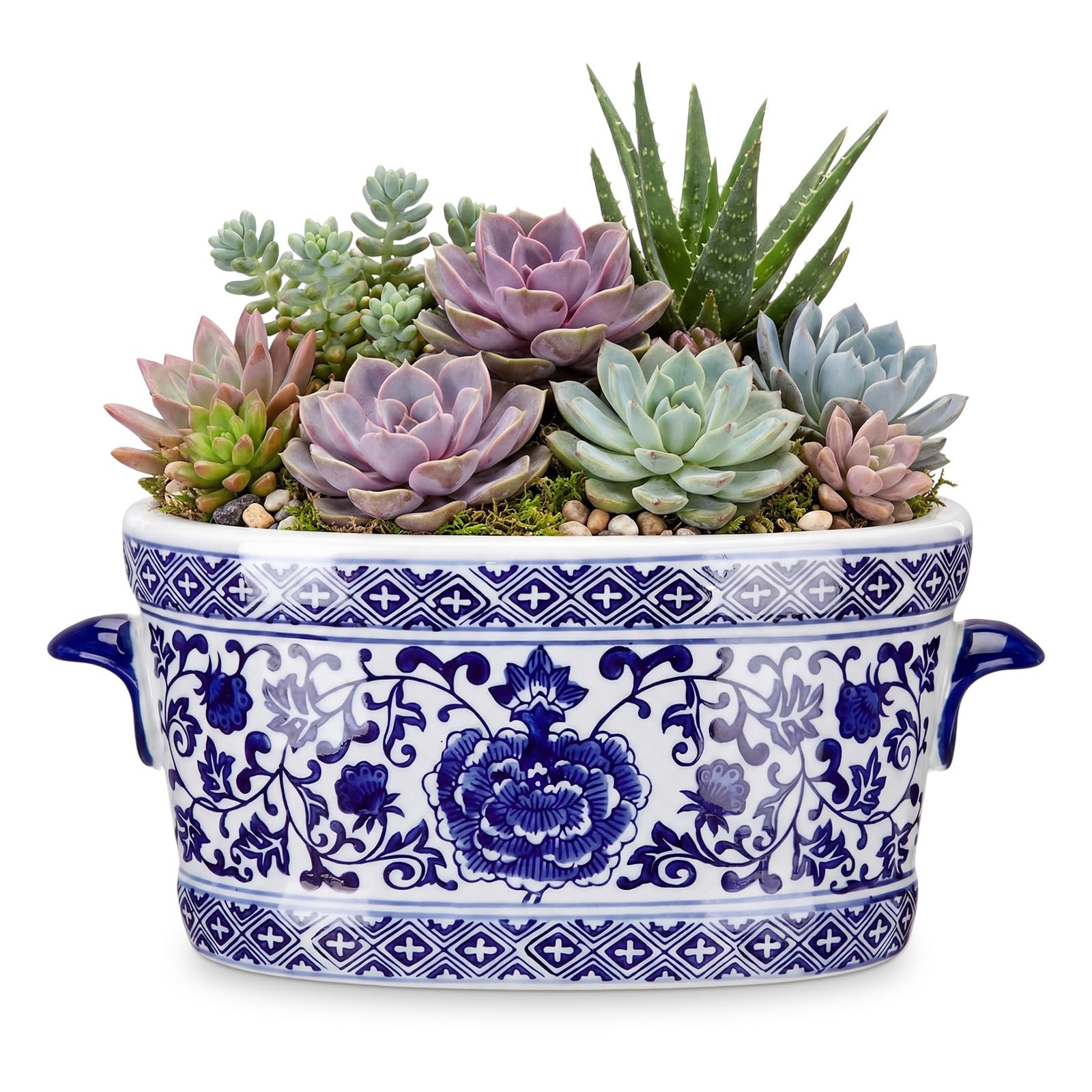 LemonRoad Blue and White Ceramic Planter Pot 14 x 7.7 x 6.1 inches Porcelain Vintage Floral Oval ... | Amazon (US)