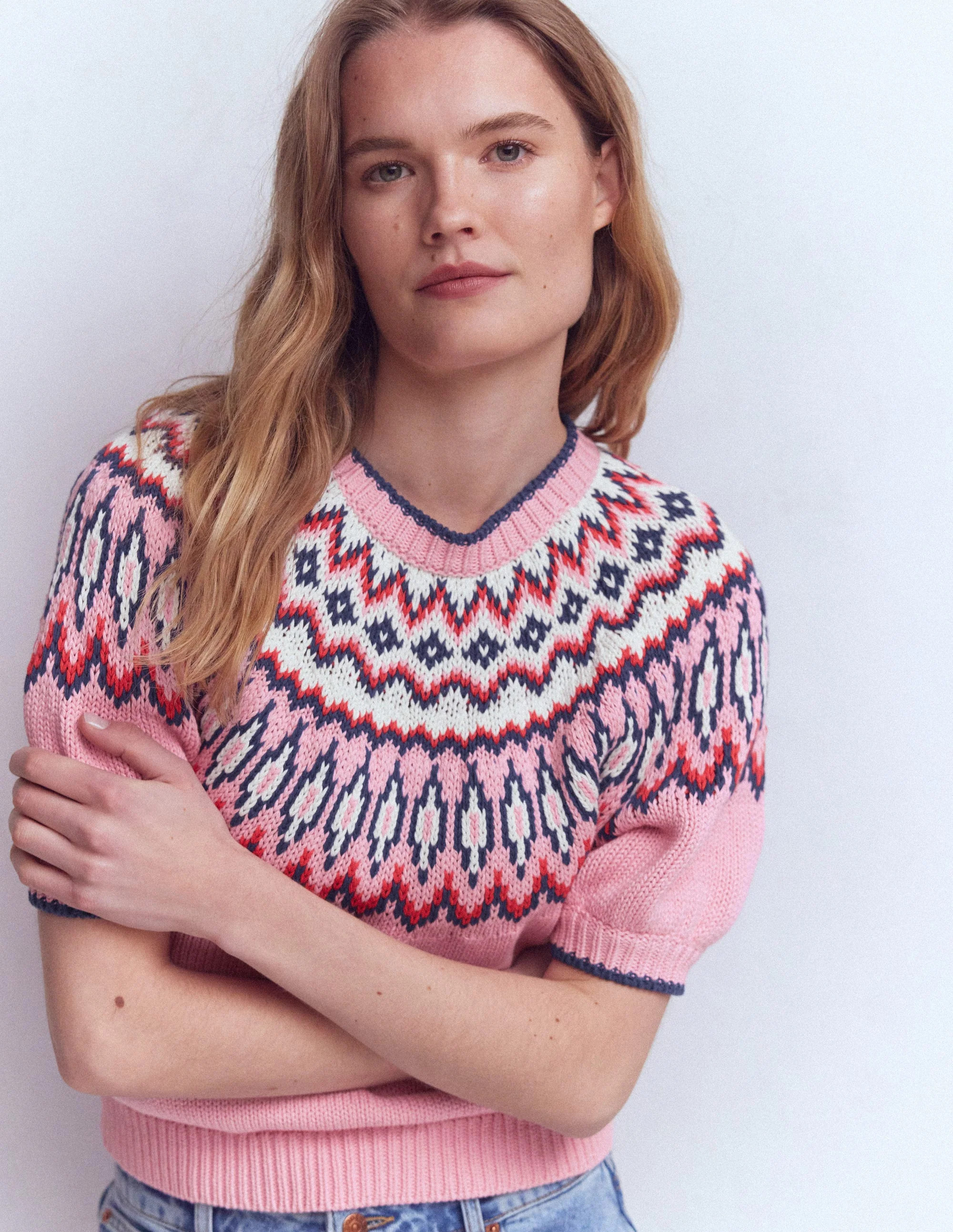 Margot Puff Sleeve T-Shirt-Almond Pink Fair Isle | Boden UK