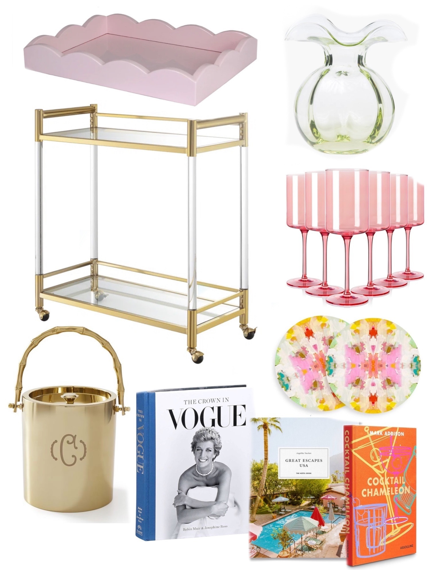 Bar Cart Decor 🩷

#barcart #pink #laurapark #southern #bright #gold #bar #cart #design #home #vase #coffee #table #book #coaster #icebucket #tray #scallop 

#LTKstyletip #LTKhome #LTKfindsunder50