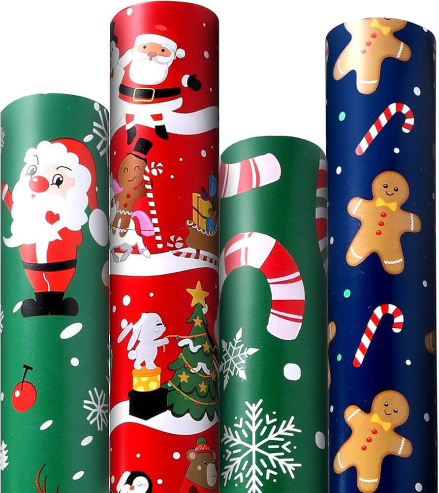 Panigkids Christmas Wrapping Paper, Large Xmas wrapping paper with Gingerbread Man, Santa's Sleig... | Amazon (US)
