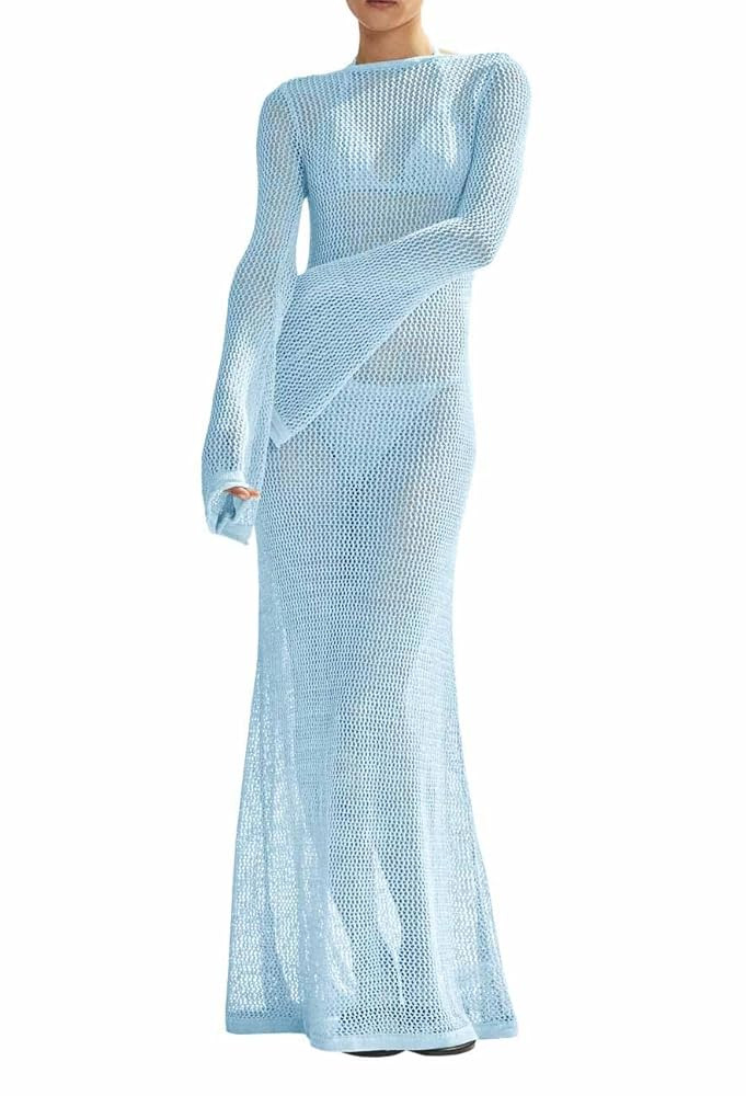 Saodimallsu Womens Crochet Cover Ups Long Sleeve Sexy Mesh Backless Knit Swimsuit Coverup Beach M... | Amazon (US)