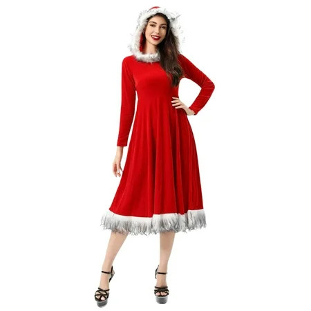 XFHLMJFF Ladies Christmas Santa Dress Long Sleeve Solid Color Hooded Dress Stage Party Performance Outfits 1Pc | Walmart (US)