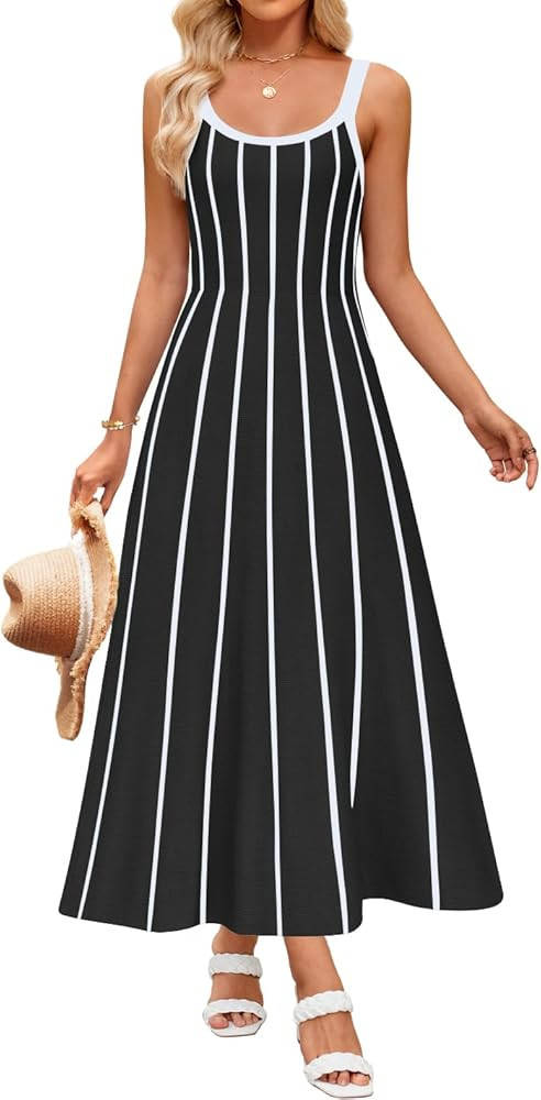 ZESICA Womens 2025 Summer Sleeveless Striped Midi Dresses Casual A Line Swing Knit Long Dress Bea... | Amazon (US)