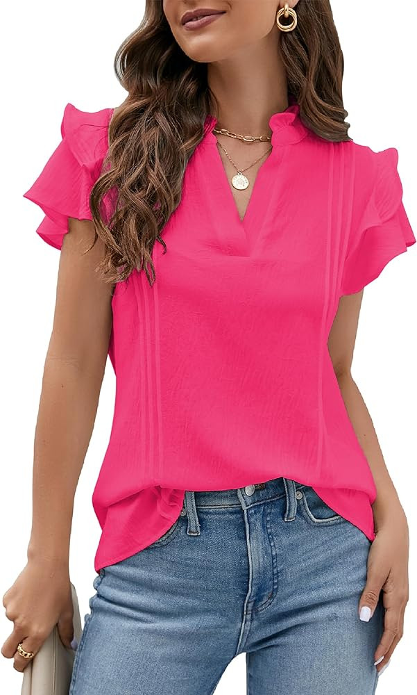 Blooming Jelly Womens Dressy Casual Tops Ruffle Short Sleeve V Neck Shirts Elegant Business Work ... | Amazon (US)