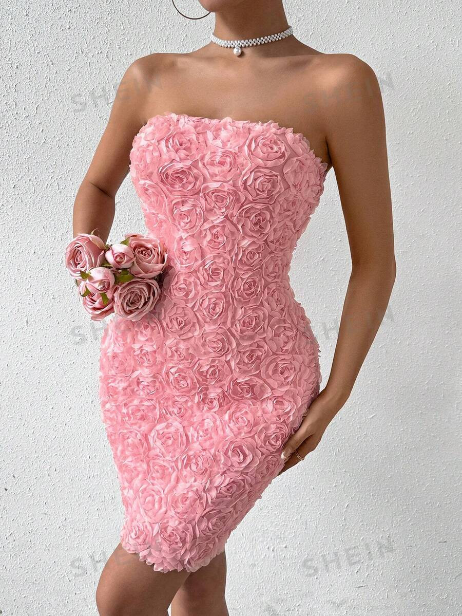 SHEIN Privé Women's Elegant Strapless 3d Flower Embellished Dress | SHEIN
