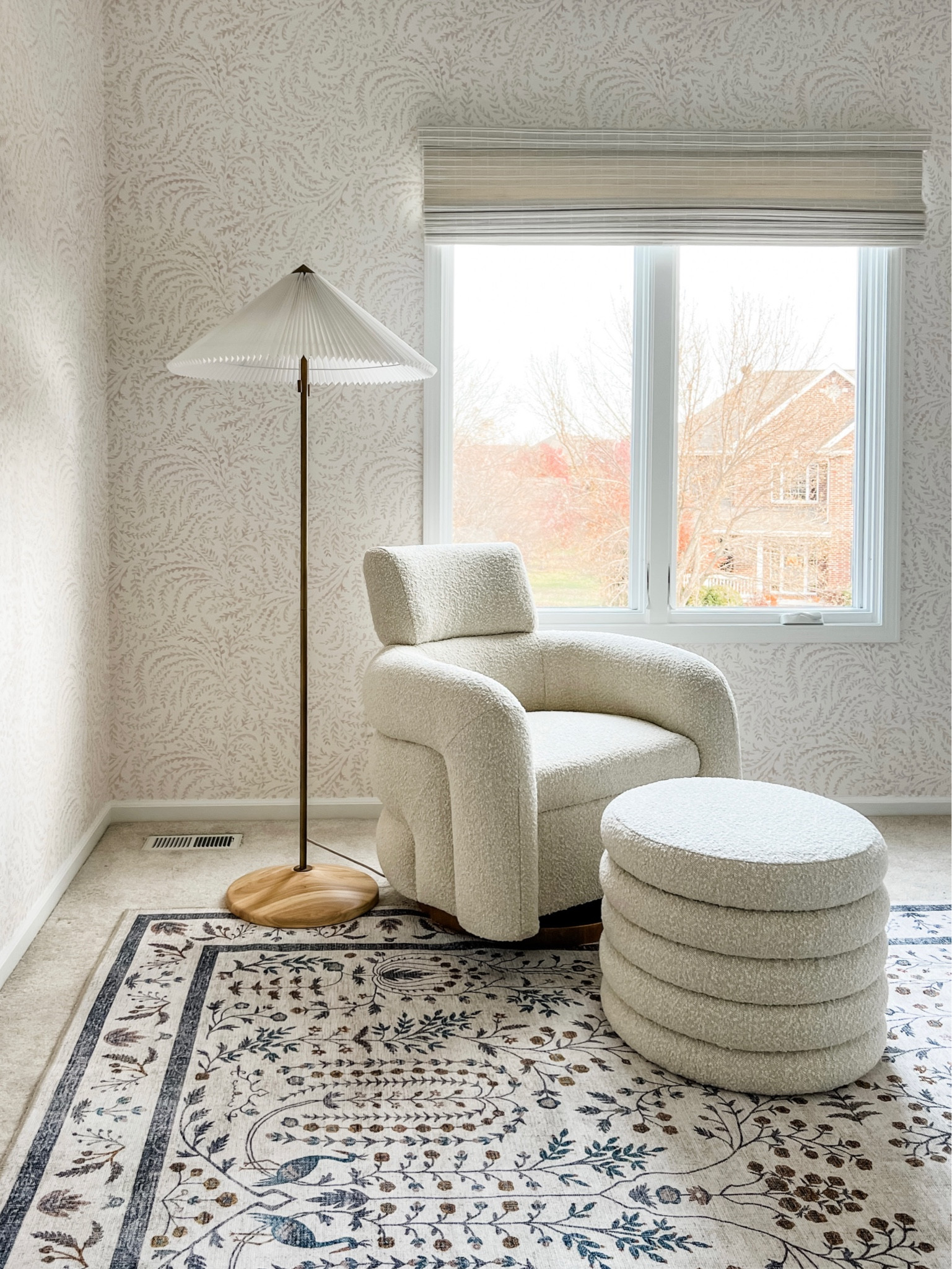 Baby girl nursery. Neutral nursery. Rocking chair. Pink & blue. Crate and Barrel. Crate & Kids. Wallpaper. Wallpaper little girls room. Pink wallpaper. Patterned wallpaper. Floor lamp. Rifle paper co rug. Pattern rug.#LTKFamily

#LTKKids #LTKHome