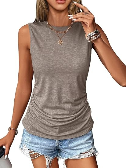 Womens Ruched Tank Tops Crewneck Sleeveless Shirts Slim Fitted Top Casual Spring Summer Trendy Cl... | Amazon (US)