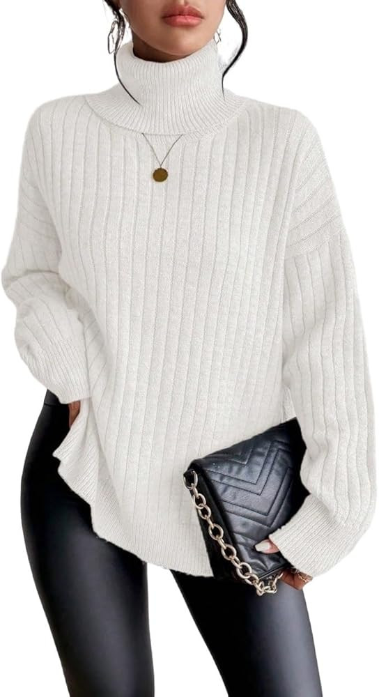 Womens Elegant Sweaters High Neck Drop Shoulder Slit Hem Sweater Pullover Jumper | Amazon (US)