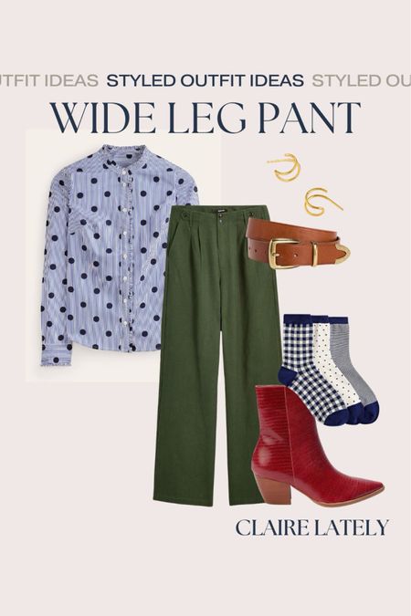 How to wear the favorite Madewell Wide Leg Sailor Pant -  polka dod top, western belt, pattern socks, red ankle boot, gold earrings 
Love, Claire Lately 

office, work from home, girls night, or elevated casual weekend winter outfit idea 

#LTKstyletip #LTKover40 #LTKworkwear