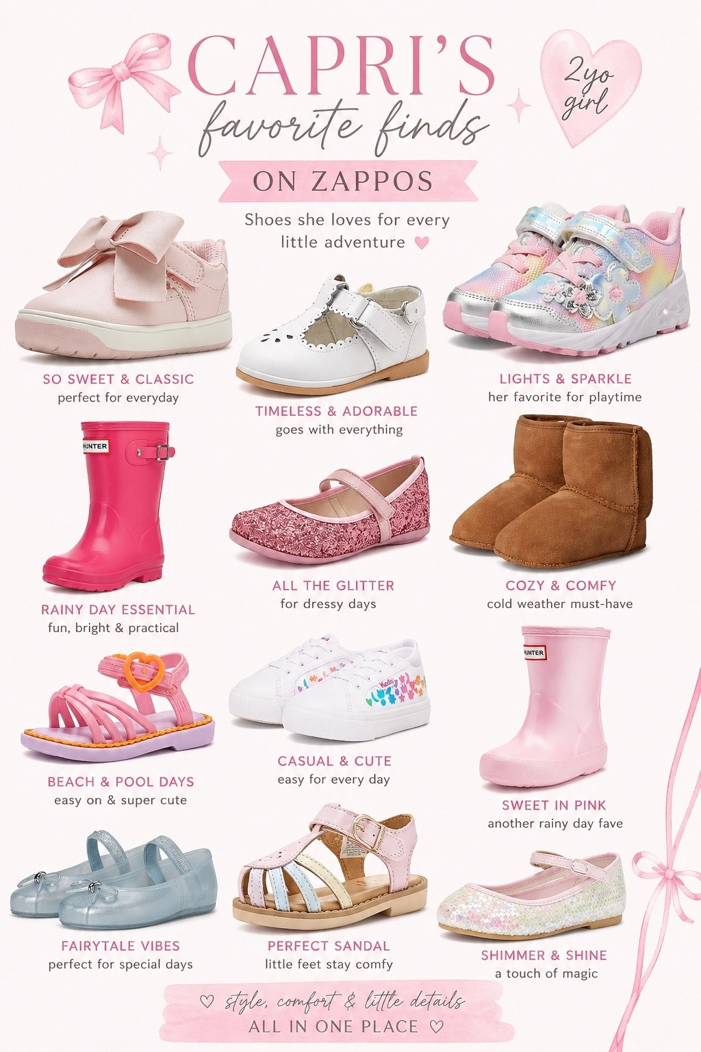 Apparently shoe shopping for a two-year-old is just as fun as shopping for myself. 😂🎀

A few of my favorite Zappos finds for Capri right now:  everyday sneakers, little sandals, rain boots, cozy boots and obviously anything pink, sparkly or with a bow. 🤍

I love finding the styles we’ll actually use and grabbing the next size when I find a favorite. Linking all of these + a few more of my picks on LTK. ✨

@Zappos @striderite @hunterboots @ugg @keds @minimelissa @Janie and Jack 

#Zappos #ZapposFinds #ToddlerShoes #ToddlerGirlStyle #LittleGirlStyle #GirlMom #KidsFashion #ToddlerFashion #GirlsShoes #MomFinds #LTKKids #LTKFamily #LTKFinds #KidsStyle #ToddlerMustHaves

Keywords: Zappos toddler shoes, toddler girl shoe finds, best shoes for 2 year old girl, pink toddler shoes, toddler rain boots, toddler sneakers, toddler sandals, toddler UGG boots, Mini Melissa toddler shoes, Stride Rite girls shoes, Hunter kids boots, Capri style

#LTKKids #LTKBaby #LTKootd