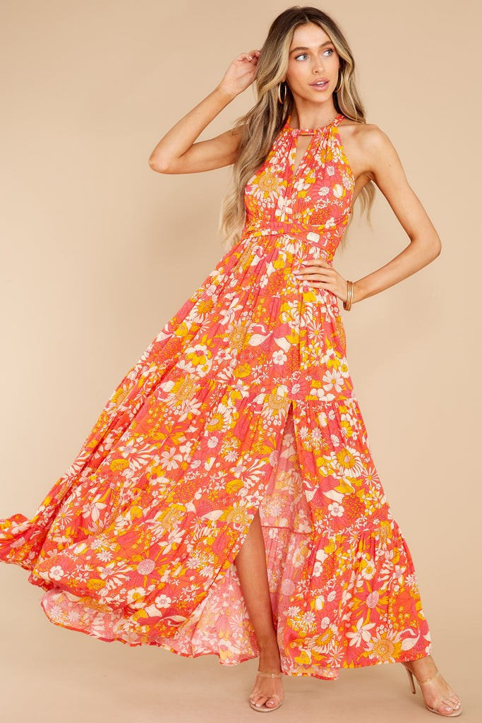 Floral Fantasy Coral Multi Print Maxi Dress | Red Dress 