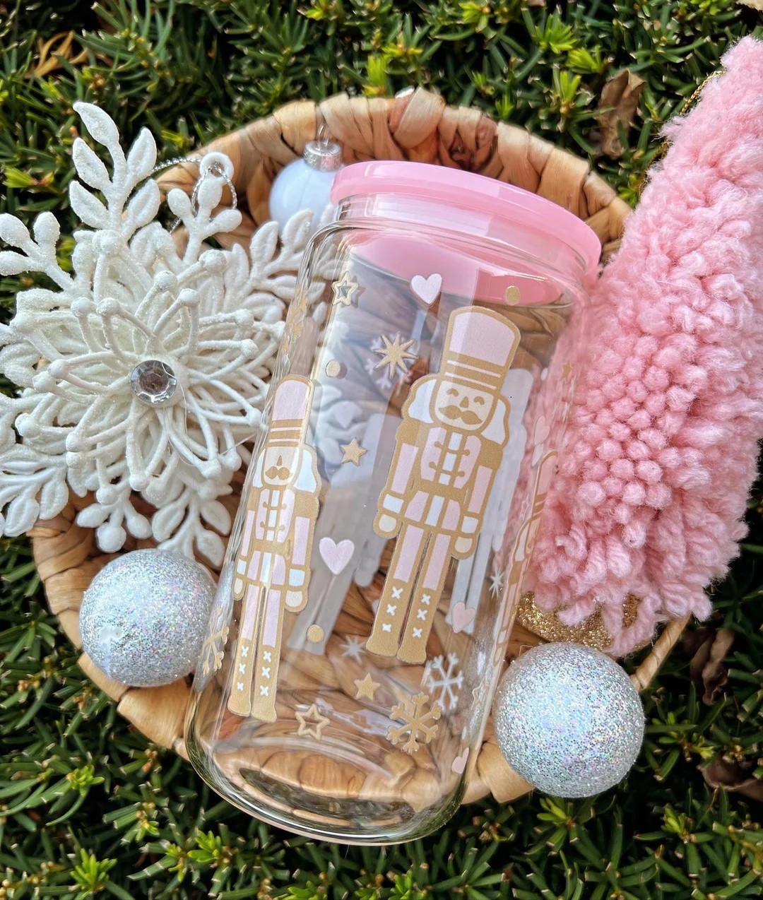 Nutcracker Glass Can Christmas Cup Pink Nutcracker Pink - Etsy | Etsy (US)