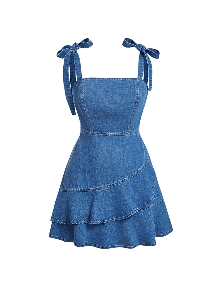 SHENHE Women's Tie Shoulder Sleeveless Denim Mini Dress Layered Ruffle Hem Jean Dress | Amazon (US)
